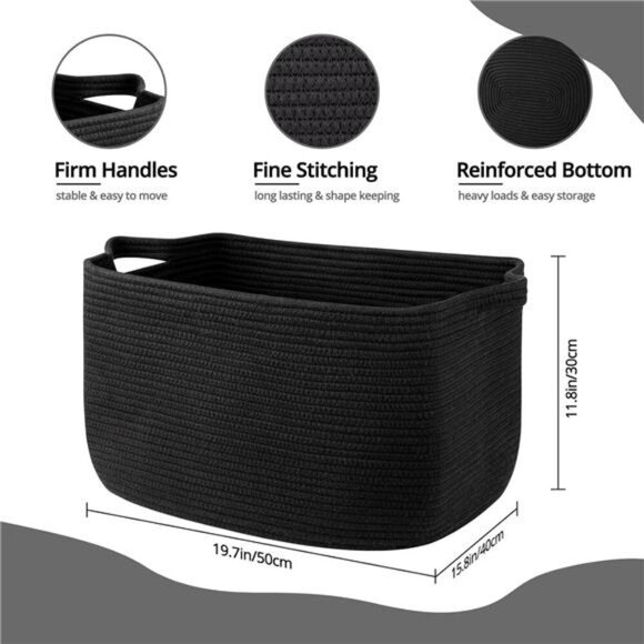 Large Black Woven Blanket Basket Cotton Rope Storage Bin for Toys Towels Laundry - Picture 3 of 8